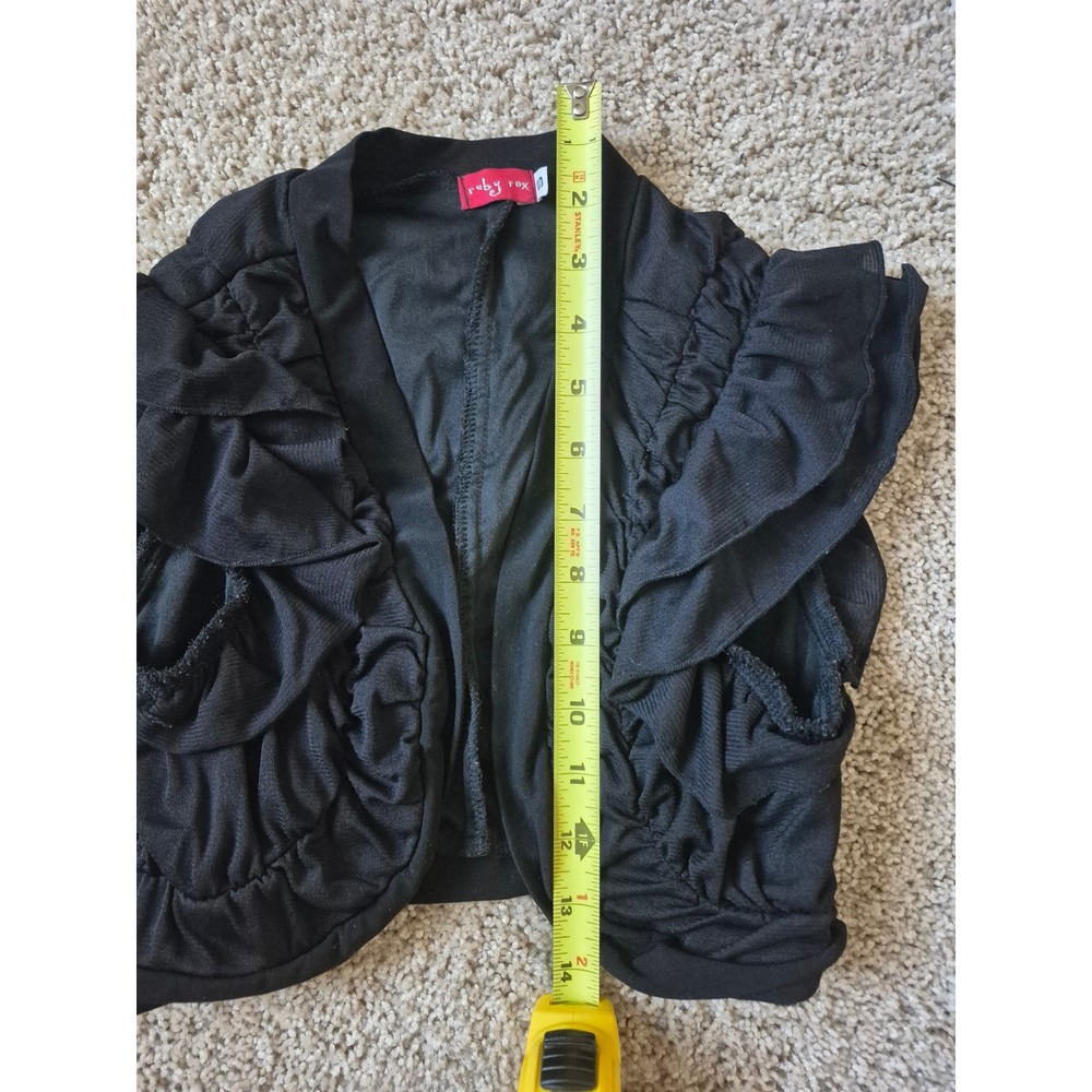 Ruby Rox Juniors Black Ruched Ruffled Cropped Shrug Bolero Cardigan Small - Picture 4 of 5